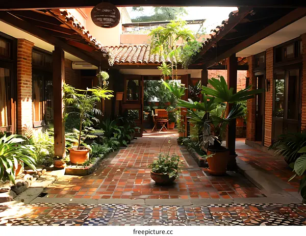 Brick Courtyard with Greenery and Wooden Beams