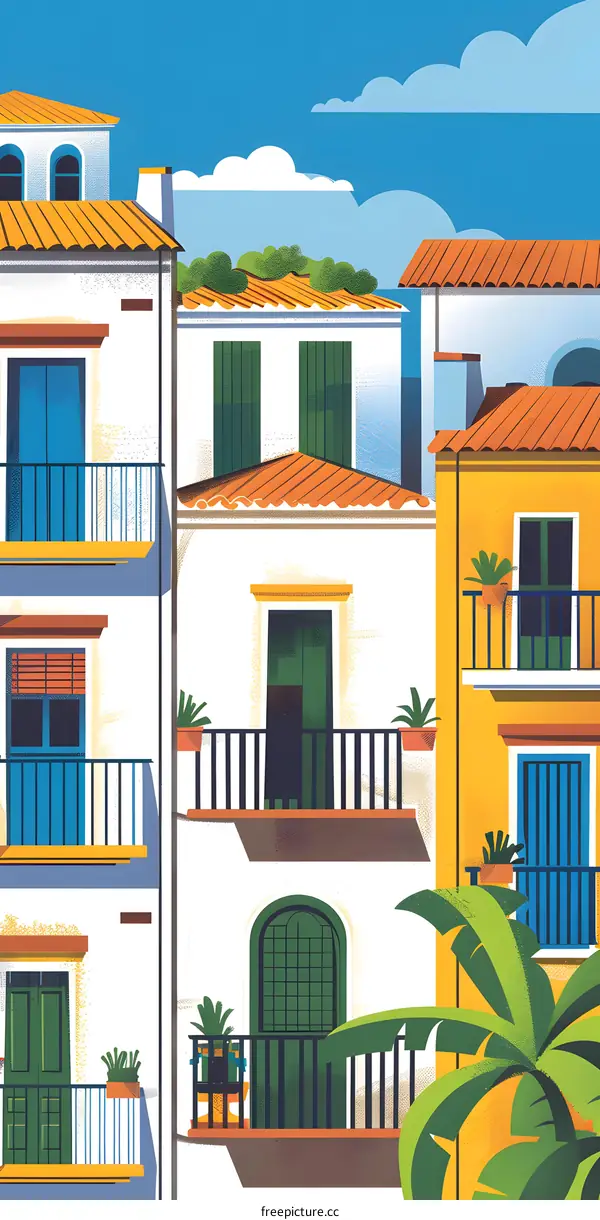 Mediterranean style building with balconies and potted plants