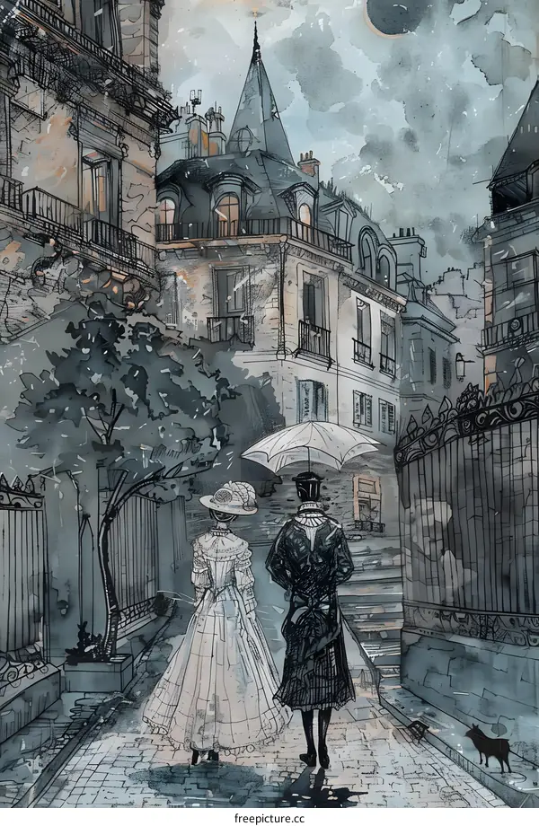 Two People Walking Down A Rainy Street In Paris