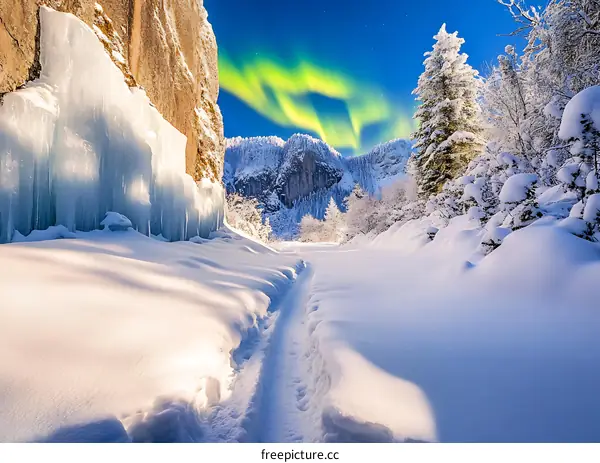 Snowy Path Through Mountains with Aurora Borealis
