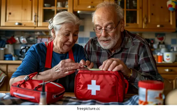 Senior couple checking first aid kit at home