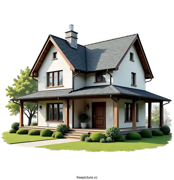 [Transparent Background PNG]Modern White House with Black Roof and Green Lawn