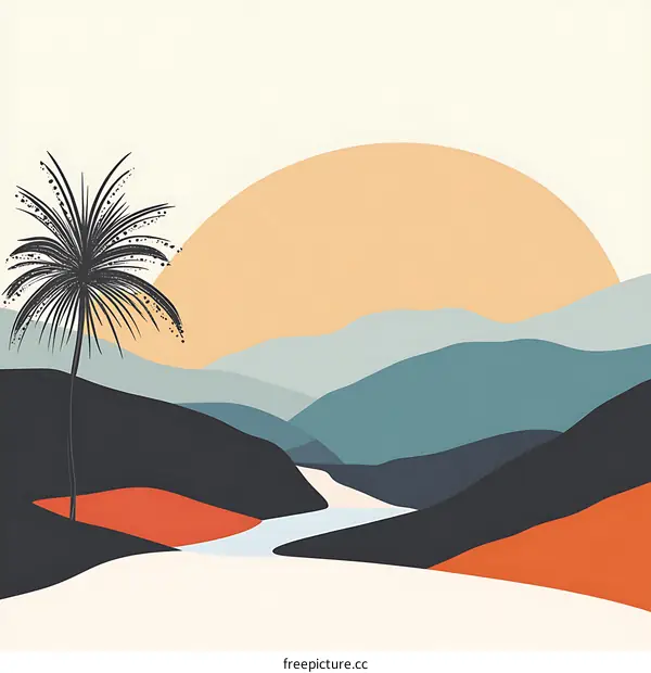Minimalist Sunset Landscape With Palm Tree