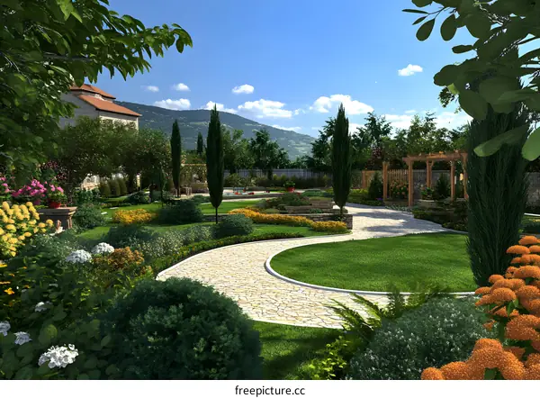 Landscaping Design with Stone Path and Flowers