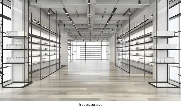 Minimalist Modern Retail Store Interior Design with Black Metal Shelving and Large Windows