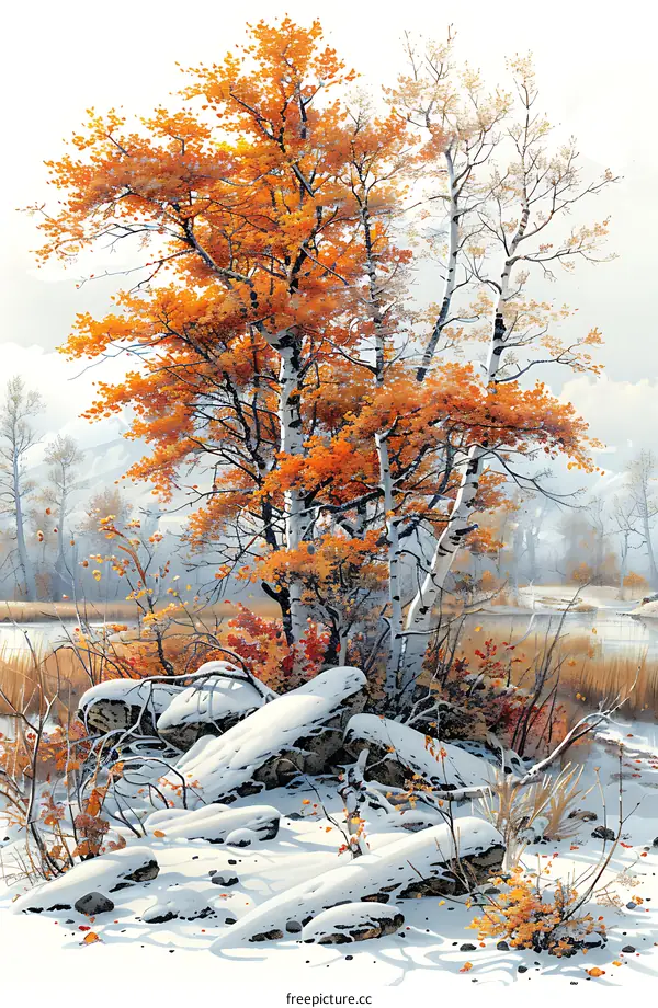 Autumn Snowfall Landscape Painting