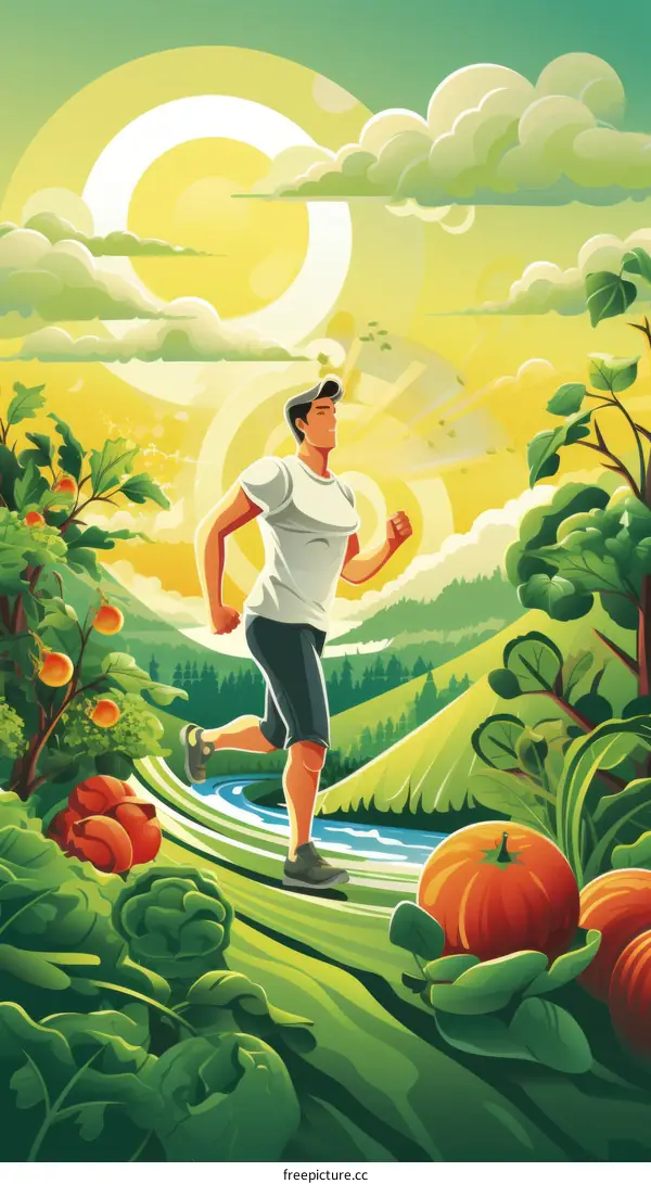 Man running in a field of vegetables