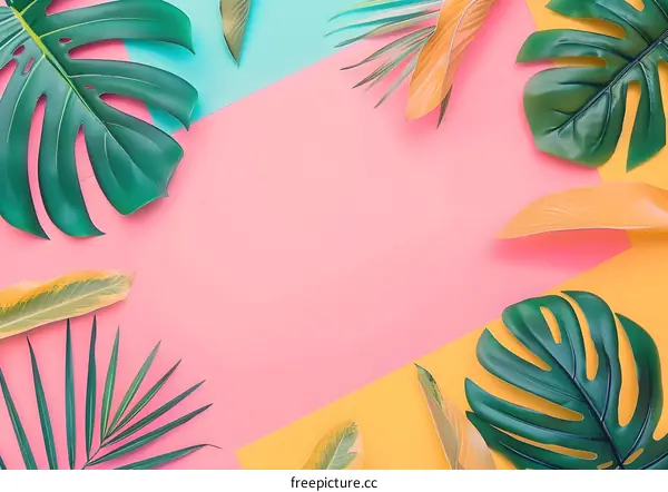 Tropical Leaves on Pink Yellow and Blue Background