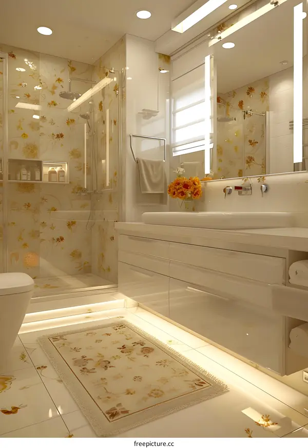 Bathroom interior with floral wallpaper and marble floor