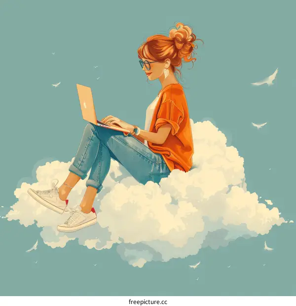 redhead girl sitting on cloud using laptop
