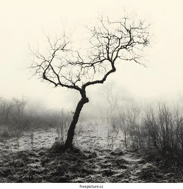 Silhouette of a Bare Tree in a Foggy Field
