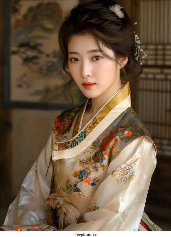 Portrait of a young woman in traditional Korean dress, or Hanbok
