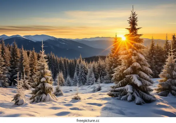 A beautiful winter landscape with snow covered trees and mountains in the distance