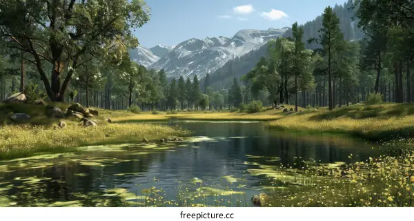 Mountains, trees and a lake in a beautiful landscape