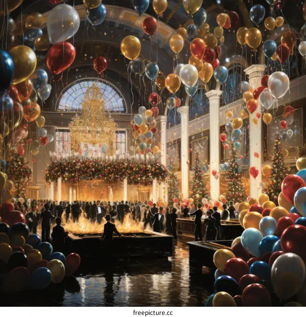Elegant People in a Grand Hall with Christmas Trees and Balloons