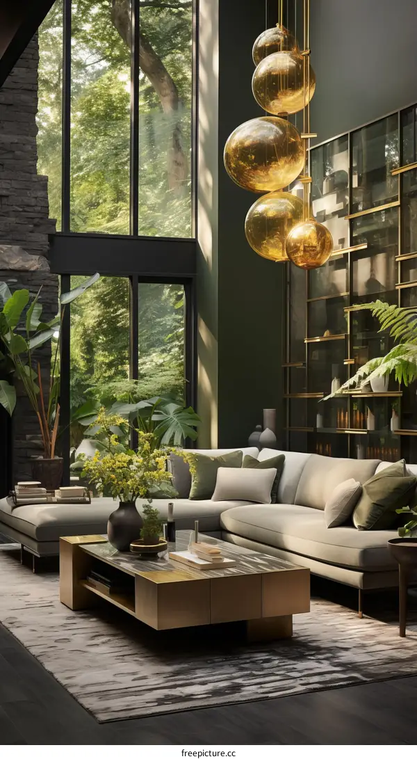 A living room with a large glass window, a gray sofa, and a coffee table