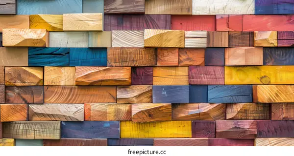 Multicolored wooden blocks arranged in a brick pattern