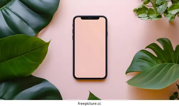 Green Leaves and a Smartphone on Pink Background