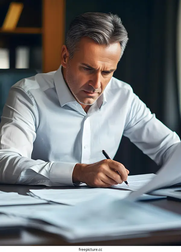 Focused Businessman Working On Documents At Desk