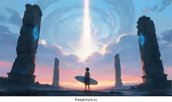 Silhouette Boy with Surfboard Standing Between Ancient Pillars at Sunset
