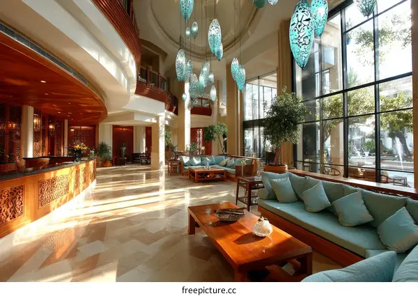 Spacious Hotel Lobby with Natural Light and Stylish Decor