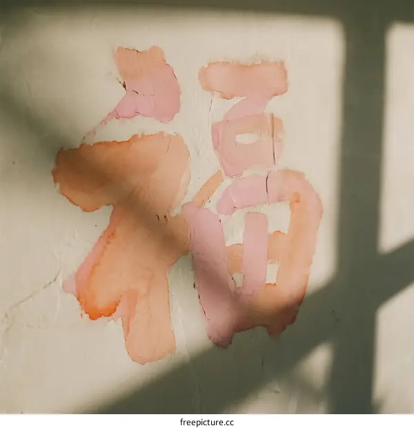Close-up of traditional Chinese character '福' painted on wall with shadow