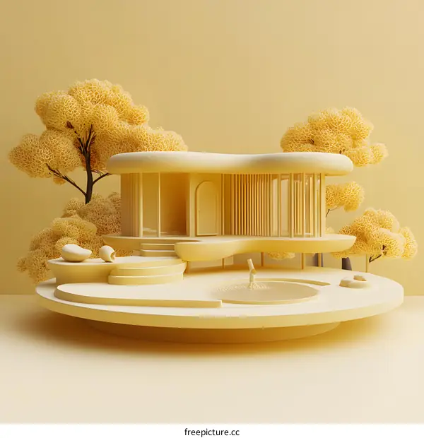 Minimalist Yellow House with Trees and Pool