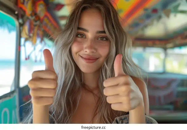 Young woman with thumbs up sitting in a colorful van