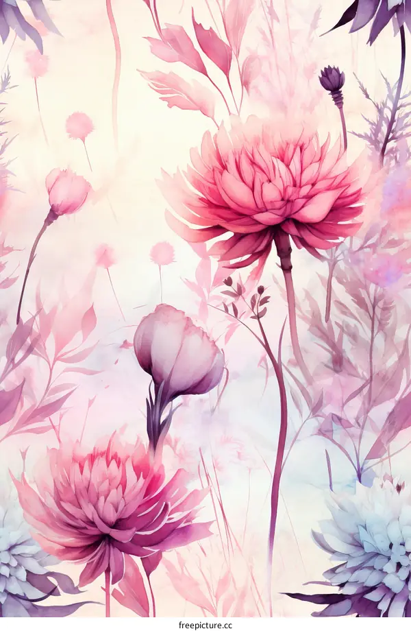 Pink and purple flowers with green leaves on a light pink background