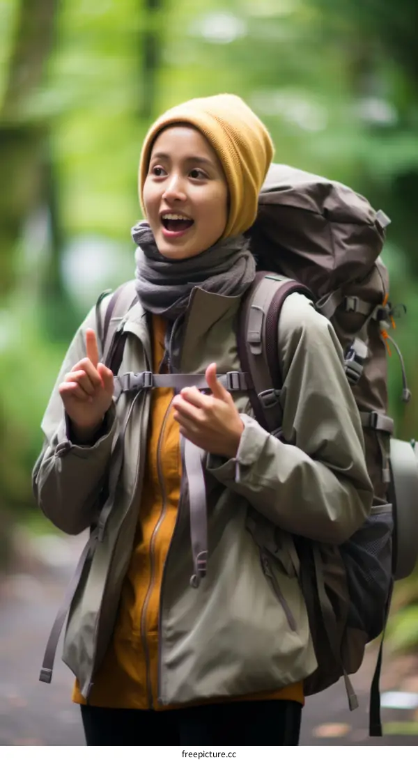 Happy asian woman hiking in the forest