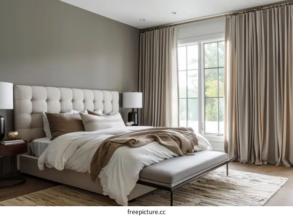 Elegant Master Bedroom with Large Windows and Tufted Headboard