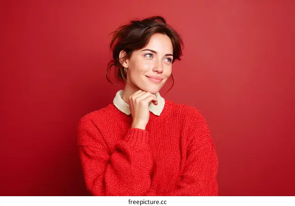 Thoughtful Woman in Red Sweater Against Red Background