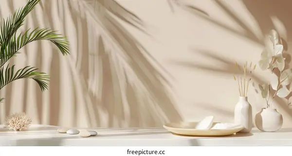 Minimalist Aesthetic Product Display with Dried Flowers and Palm Leaf