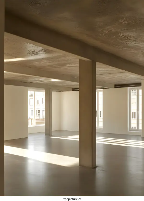 Modern Empty Room with Concrete Pillars and Large Windows