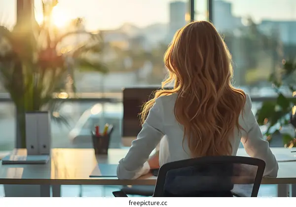 business woman sitting back to camera at her working place in front of panoramic window