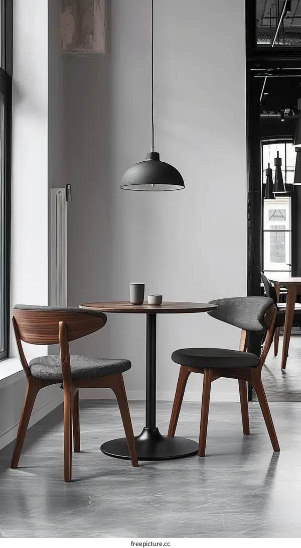 Black minimalist round dining table with two chairs in a modern home