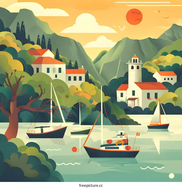 Colorful Illustration of a Coastal Town with Sailboats