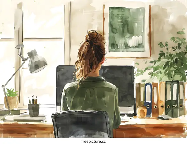 A woman is sitting at her desk working on her computer.