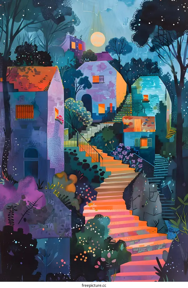 Nighttime Village with Illuminated Stairway and Moon