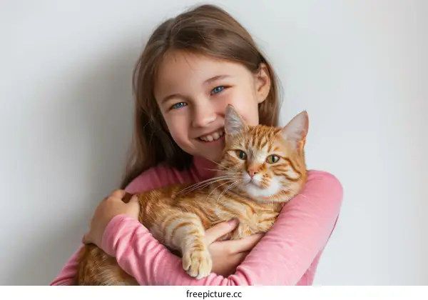 Little girl hugging a ginger cat