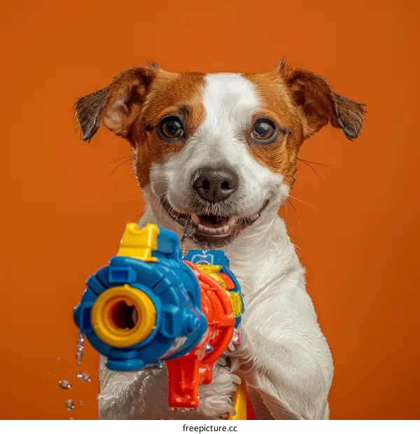 A wet Jack Russell Terrier dog holding a water gun