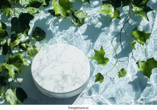 Fresh Green Leaves on a Marble Display Platform