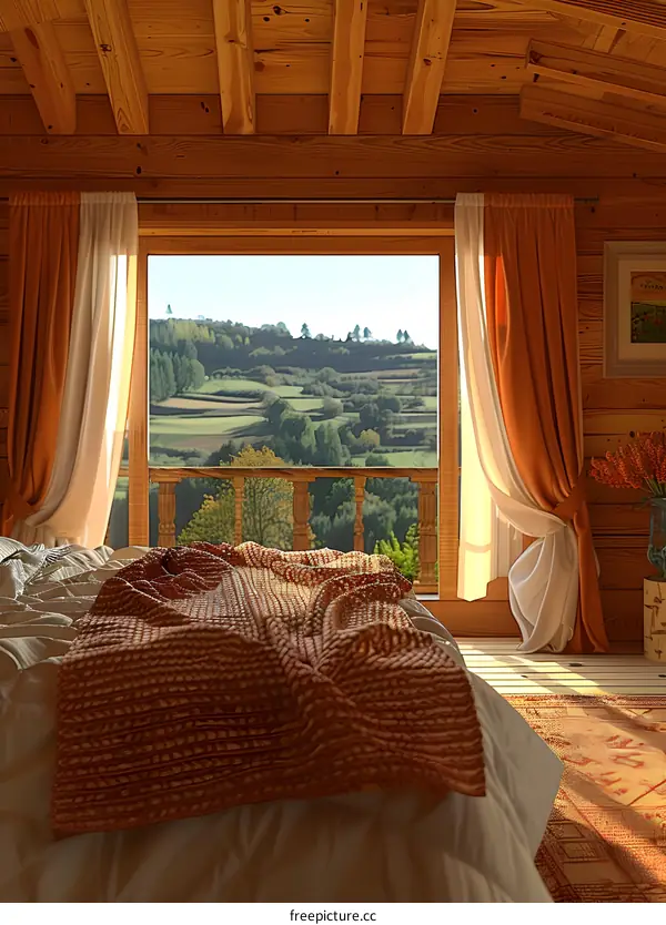 A cozy bedroom with a view of the countryside