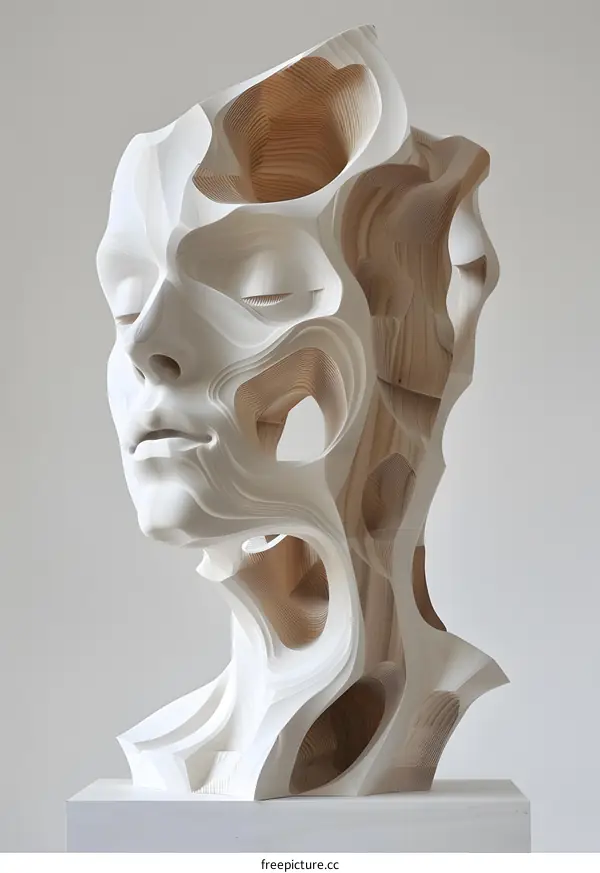 Wooden sculpture of a human face with closed eyes