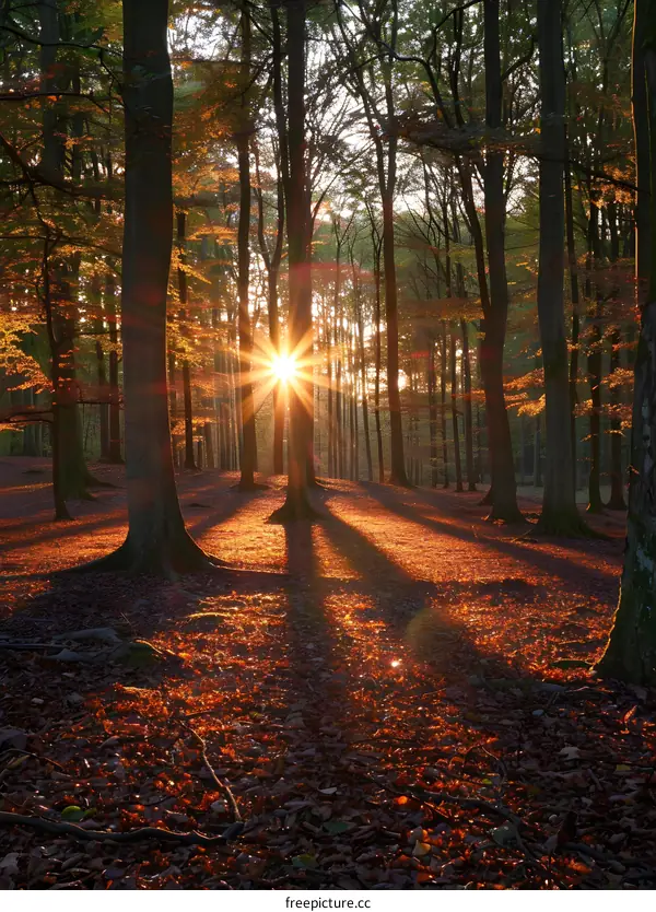 The sun shines through the trees in the forest