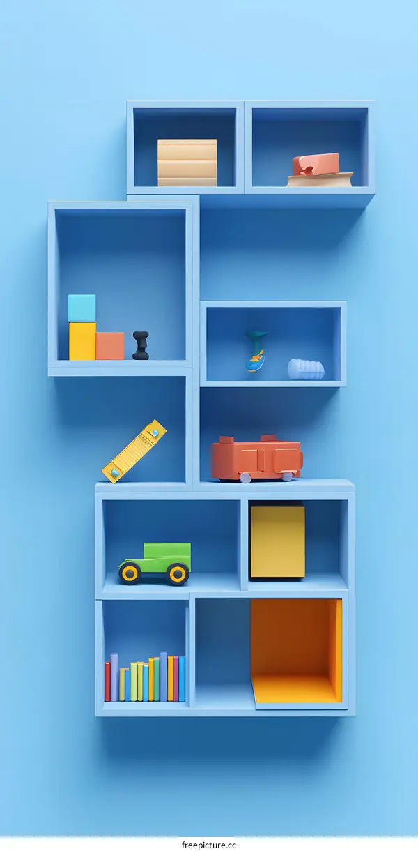 Blue Wall Shelving Unit With Toys