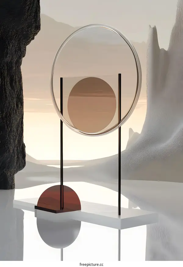 Abstract Minimalist Sculpture with Circular and Rectangular Shapes in a Desert Landscape
