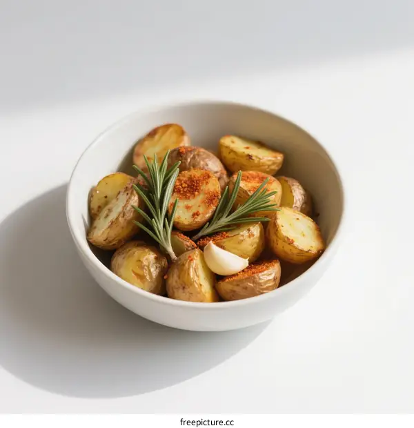 Roasted baby potatoes with rosemary and garlic in white bowl