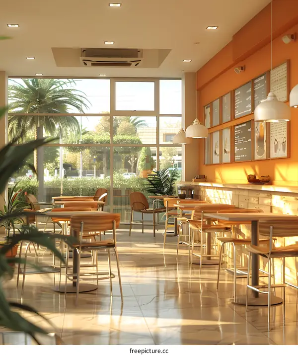 An empty restaurant with tables and chairs