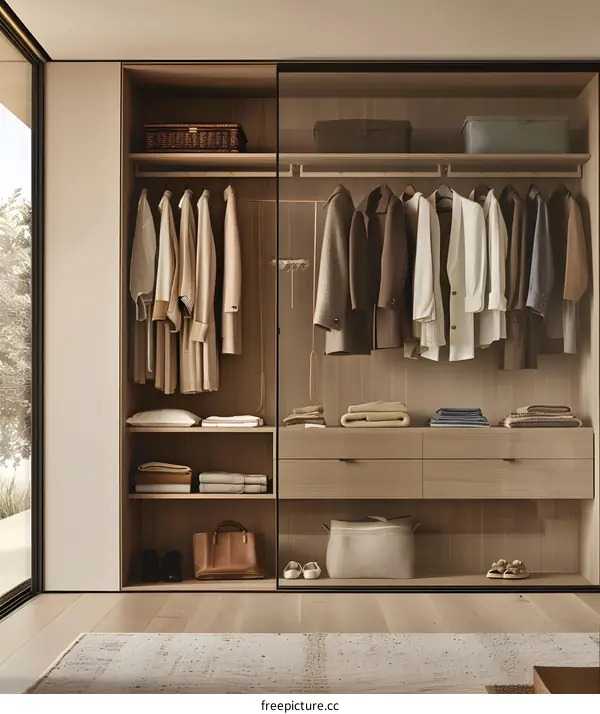 Modern Walk In Closet With Wooden Shelves and Glass Doors